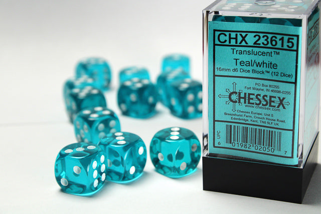 Chessex Translucent Teal/White (16MM - 12D6) CHX23615