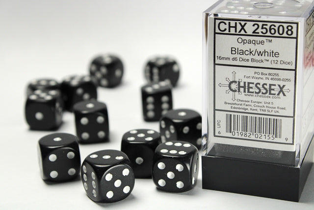 Chessex Opaque Black/White (16MM - 12D6) CHX25608