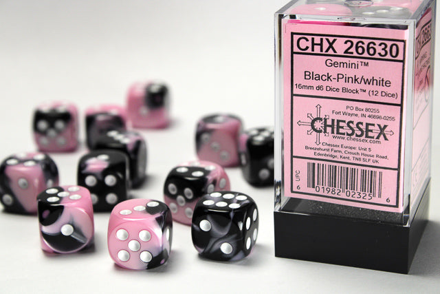 Chessex Gemini Black-Pink/White (16MM - 12D6) CHX26630