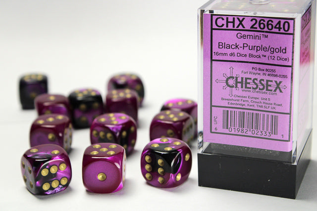 Chessex Gemini Black-Purple/Gold (16MM - 12D6) CHX26640