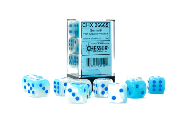 Chessex Gemini Pearl Turquoise-White/Blue (16MM - 12D6) CHX26665