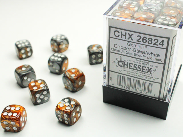 Chessex Gemini Copper-Steel/White (12MM - 36D6) CHX26824