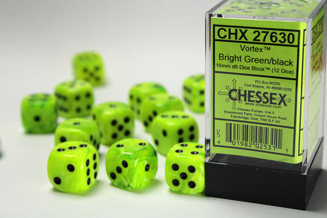 Chessex Vortex Bright Green/Black (16MM - 12D6) CHX27630