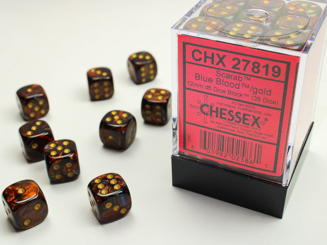 Chessex Scarab Blue Blood/Gold (12MM - 36D6) CHX27819