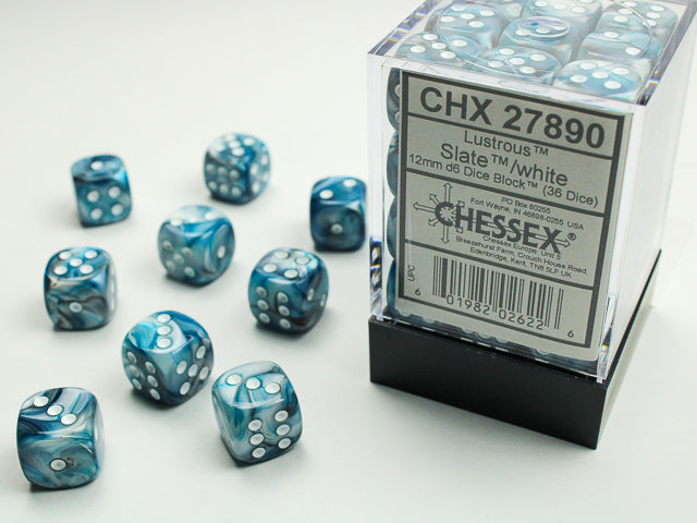 Chessex Lustrous Slate/White (12MM - 36D6) CHX27890