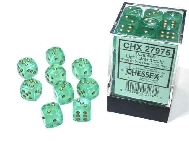 Chessex Borealis Light Green/Gold (12MM - 36D6) CHX27975