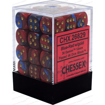 Chessex 36x D6: 12 mm: Gemini: Blue-Red / Gold