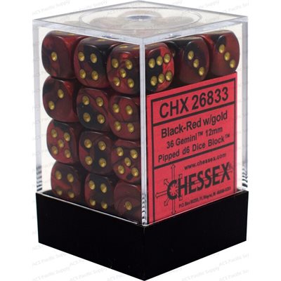 Chessex 36x D6: 12 mm: Gemini: Black-Red / Gold
