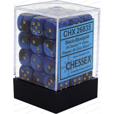Chessex 36x D6: 12 mm: Gemini: Black-Blue / Gold