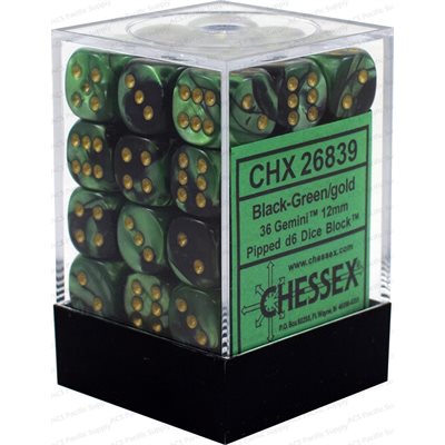 Chessex 36x D6: 12 mm: Gemini: Black-Green / Gold