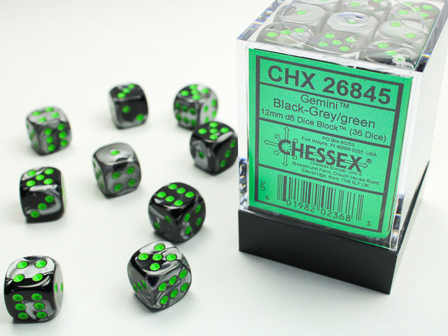 Chessex Gemini Black-Grey/green (12MM - 36D6) CHX26845