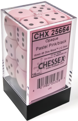 Chessex Opaque Pastel Pink/Black (16MM - 12D6) CHX25664