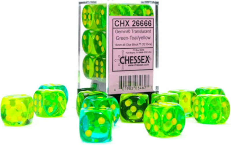 Chessex Gemini 12d6 Translucent Green-Teal/Yellow 16mm