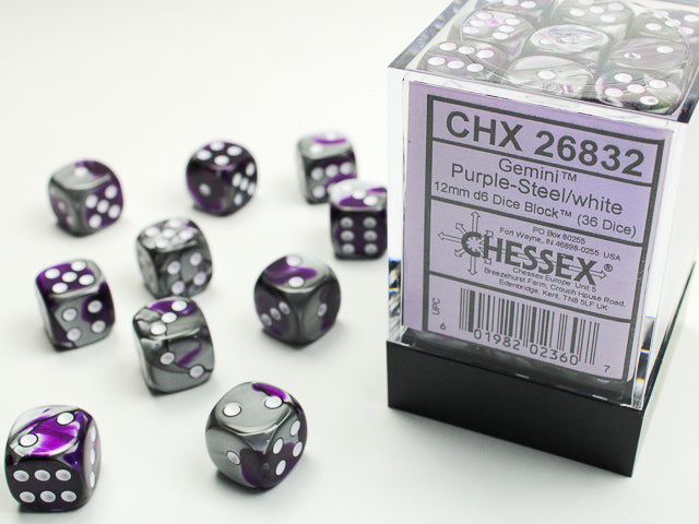 Chessex 36x D6: 12 mm: Gemini: Purple-Steel/ White