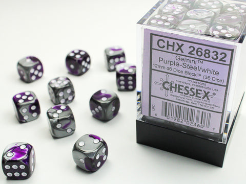 Chessex 36x D6: 12 mm: Gemini: Purple-Steel/ White